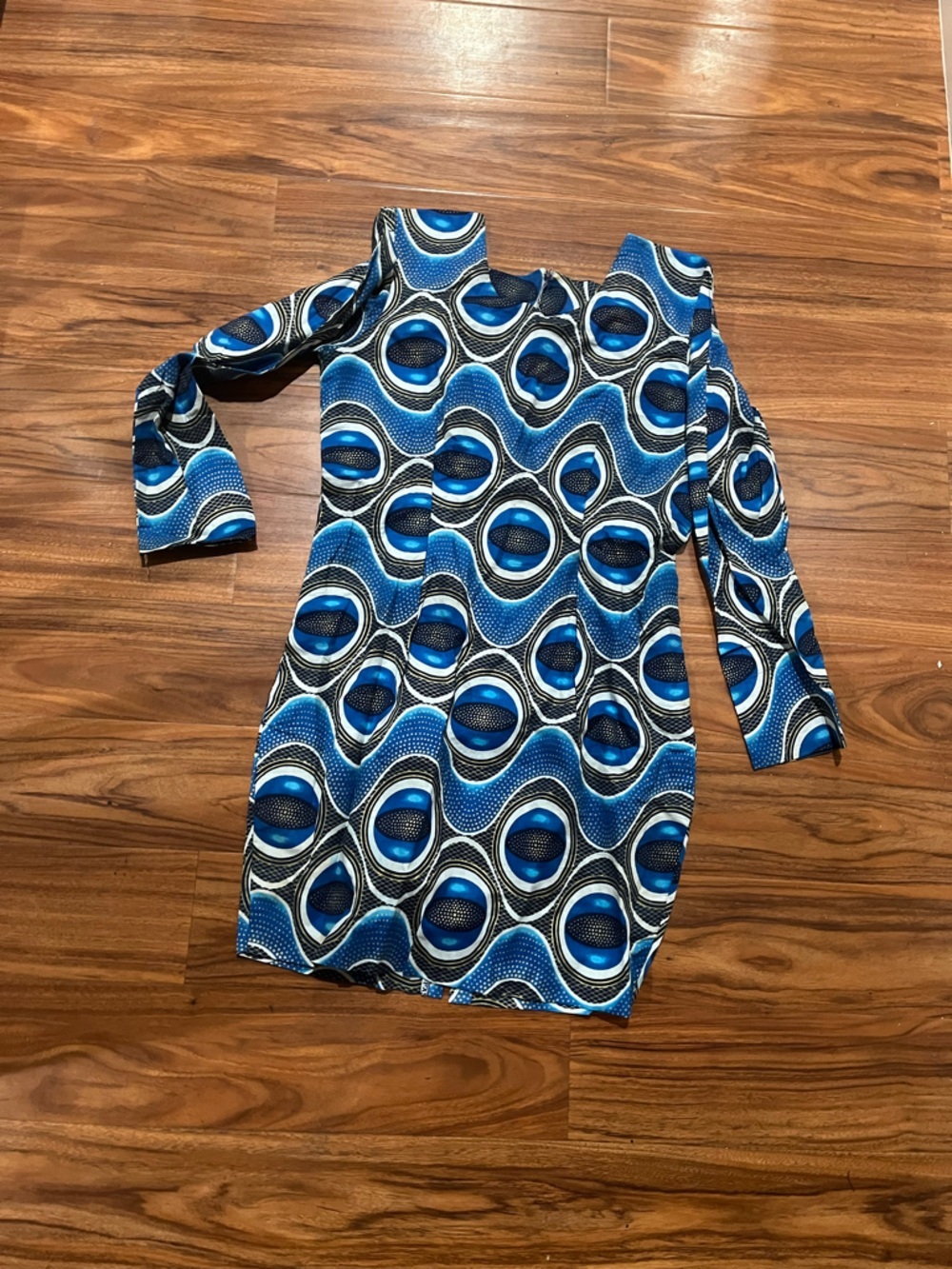 Custom African Ankara Blue Geometric Print Long Sleeve Dress - Picture 1 of 4